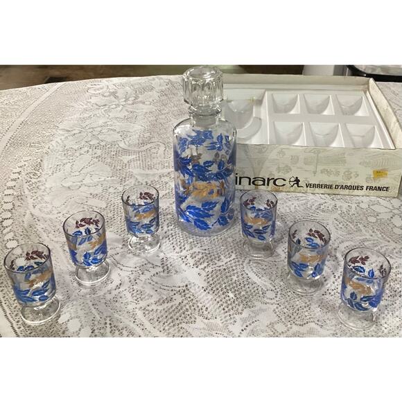 MCM Luminarc France Blue Gold Leaves Decanter 6 Footed Liqueur Aperitif Glasses - Picture 5 of 9